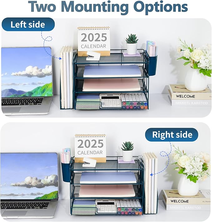 OPNICE Desk Organizer and Accessories, 4-Tier Desktop File Organizer with Drawer and 2 Pen Holders, Office Desk Accessories, File Sorters, Workspace Organizers for Office Supplies(Dark Blue)