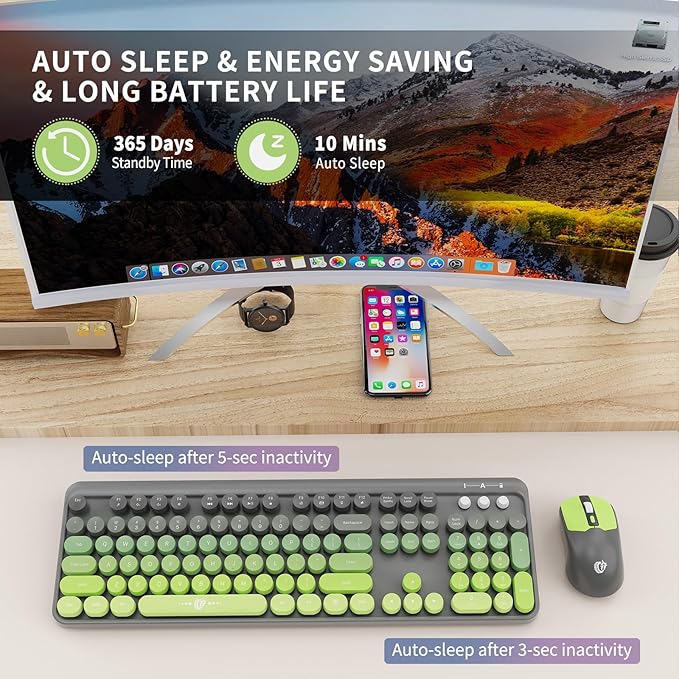 FOPETT Wireless Keyboard and Mouse Combo - 2.4G Full-Sized Cute Colorful Mouse and Keyboard with 104 Round Keys Retro Typewriter Keyboard for Laptop/Windows/PC - Green Gradient