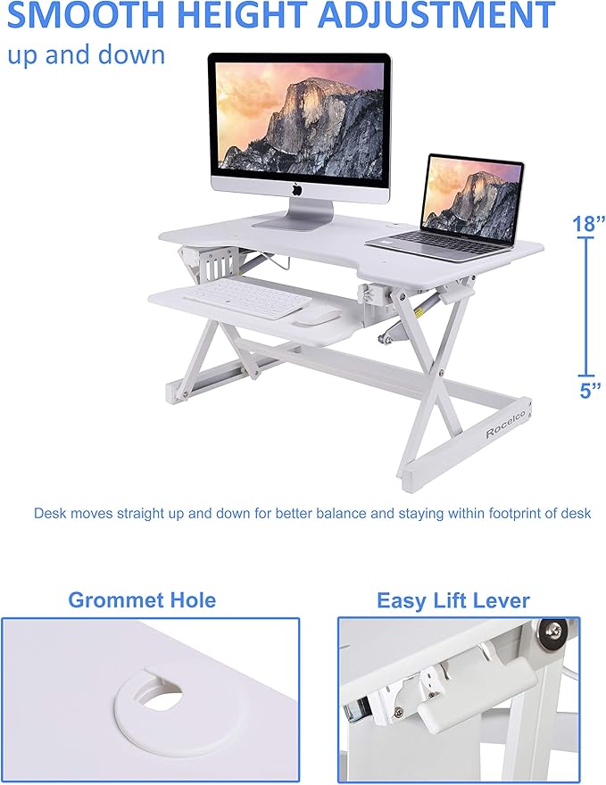 Rocelco 32" Height Adjustable Standing Desk Converter - Sit Stand Computer Workstation Riser - Dual Monitor Retractable Keyboard Tray Gas Spring Assist - Black (R EADRW)