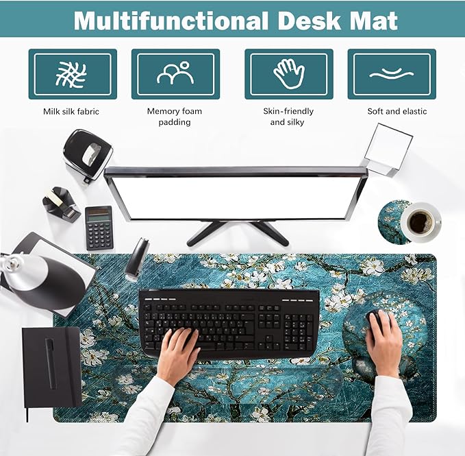 ARTSO Desk Mat, Large Gaming Mouse Pad Wrist Support Set, Ergonomic Keyboard Wrist Rest Desk Pad with Coaster Combo, Extended Mousepad with Non-Slip for Home Office, Blue Van Gogh Painting