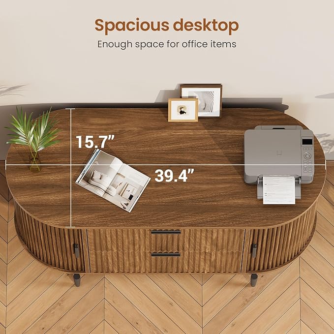 SEDETA 2 Drawer File Cabinet, 39.4" Filing Cabinet for Home Office, fit Legal/Letter/A4 Size, Light Luxury Fluted Filing Cabinets with 2 Sliding Door Storage, Printer Stand, Brown