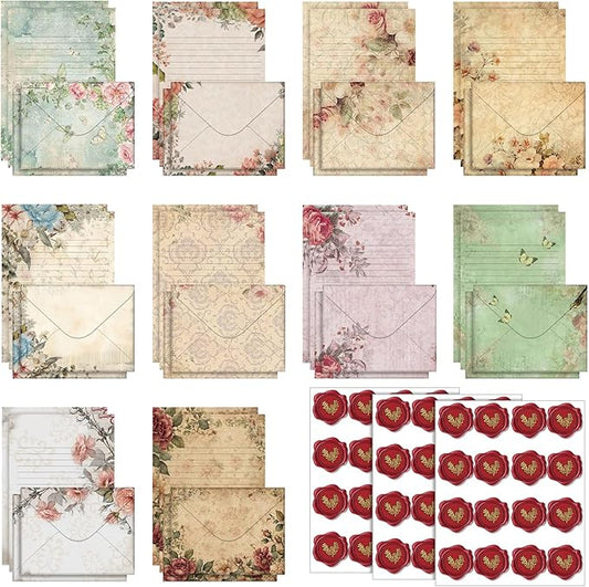 TaoBary 160 Pcs Stationery Paper Set 50 Double Sided Stationery Papers with 50 Matching Envelopes and 60 Round Dot Sticker, 10 Design(Vintage Floral,5.5 x 8.25 Inch)