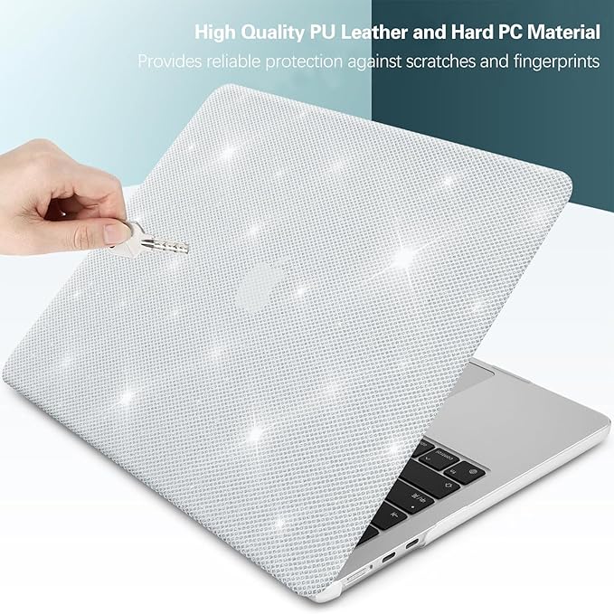 KEROM Bling Glitter Case for MacBook Pro 16 inch 2024-2021 M4 M3 M2 M1 Pro/Max Chip A3403 A3186 A2991 A2780 A2485, Luxury Bedazzled Shiny Sparkle PU Leather Hard Shell Case & Keyboard Cover, White