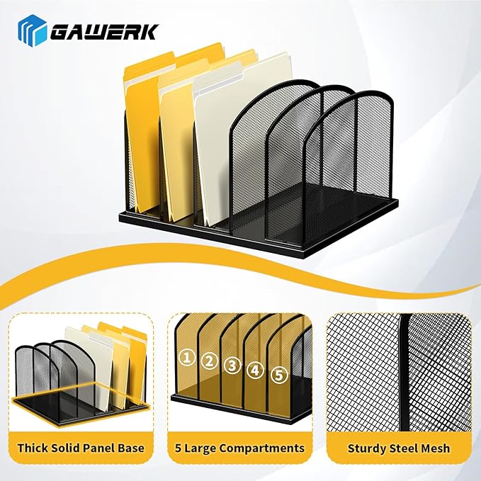 Large Size Desk File Organizer, Metal Mesh Vertical Desktop File Holder, 5-Section file organizer for Desk Home Office (1 Pack), Black