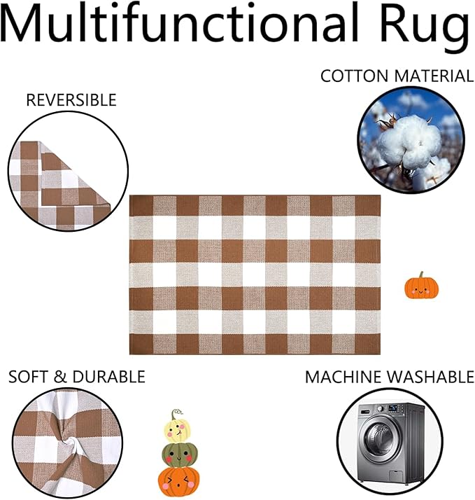 Buffalo Plaid Outdoor Rugs, 28'' x 43'' Coffe and White Checkered Area Rug, Layering Rug for Hello/Welcome Door Mat, Washable Cotton Woven Farmhouse Mat for Front Porch Décor