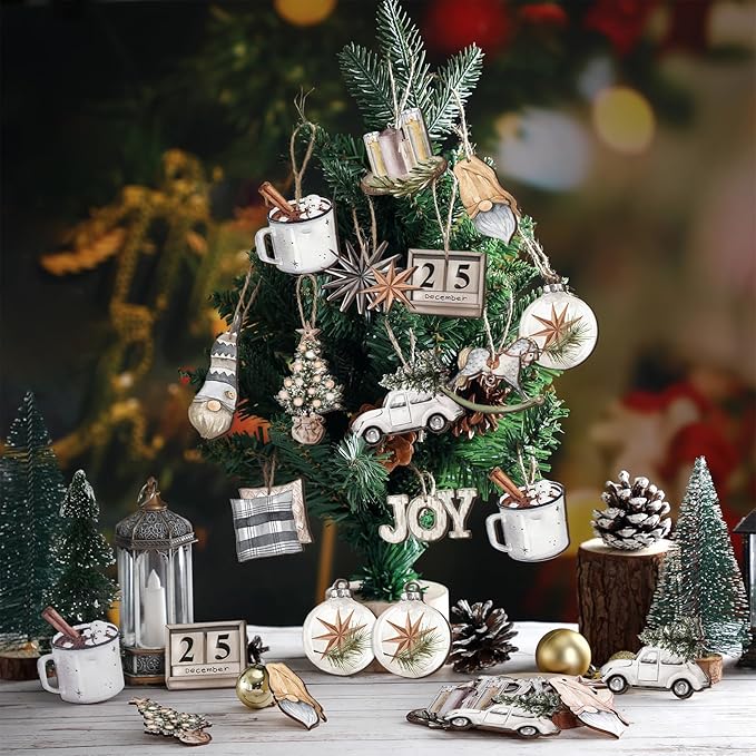 Huwena 36 Pcs Christmas Wooden Ornaments Farmhouse Rustic Christmas Decorations Snowman Balls Xmas Tree Truck Hot Cocoa Wood Cutouts Tags with Ropes Neutral Winter Decor for Xmas Tree Gifts