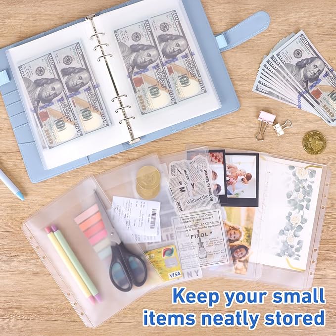 Antner 12PCS A5 Binder Pockets No Zipper 6-Hole Budget Cash Envelopes for Small Refillable Notebook, Zipless A5 Planner Inserts Binder Pouches Loose Leaf Money Organizer Bags for Saving Challenge