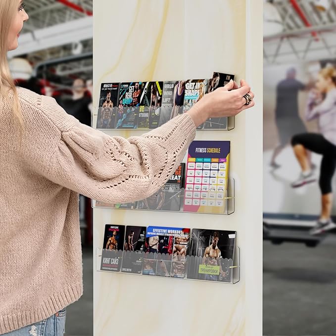 Brochure Holder Wall Mount, 2 Pack Acrylic Modular Flyer with Adjustable Magnetic Golden Bolt, Wavy Lace Pamphlet Display Stand for Organizer Trifold Flyer, Document, Leaflet, 6 Slots