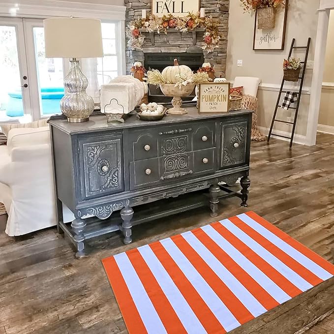 CAINANEL Fall Outdoor Rug 3' x 5' Orange and White Striepd Rug Front Door Mat Halloween Thanksgiving Fall Autumn Home Decor, Layerd Welcome Doormat for Front Porch Decor, Front Door, Farmhouse Decor