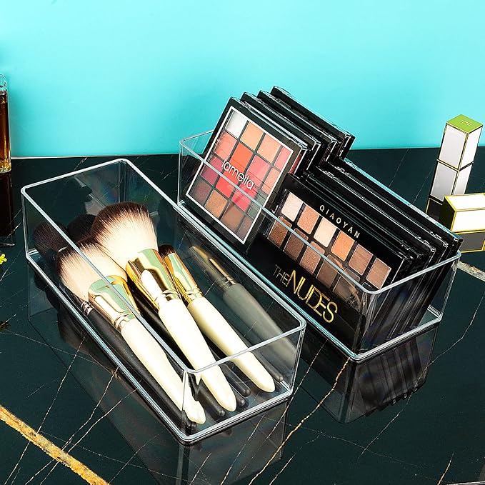 JessLab Acrylic Organizer, 2PK Cube Sections Makeup Organizer for Drawer, Makeup Organizer for Vanity, Countertop, Bathroom, Kitchen and Cabinet Storage(1+3 Compartment)