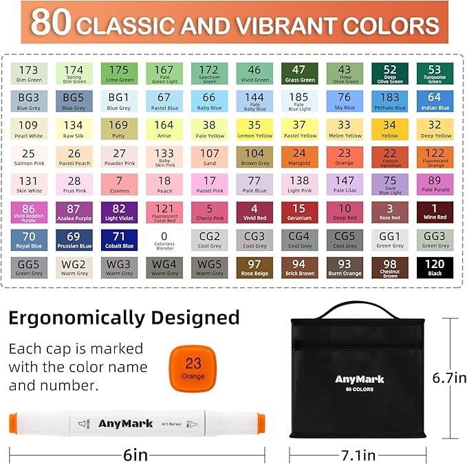 AnyMark Alcohol Markers, 80 Colors Dual Tip Art Coloring Markers Set for Kids Adult Book Drawing Sketching Painting, Chisel & Fine, White Penholder