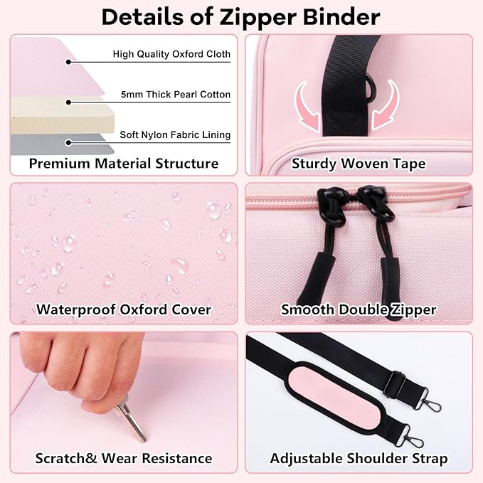 3 D-Ring Zipper Binder 2 Inch with Shoulder Strap, Waterproof Oxford Binder with Zipper Storage 500 Sheets Capacity, Multi-Pockets Organizer Bag for 13 Inch Laptop School& Office (Pink)