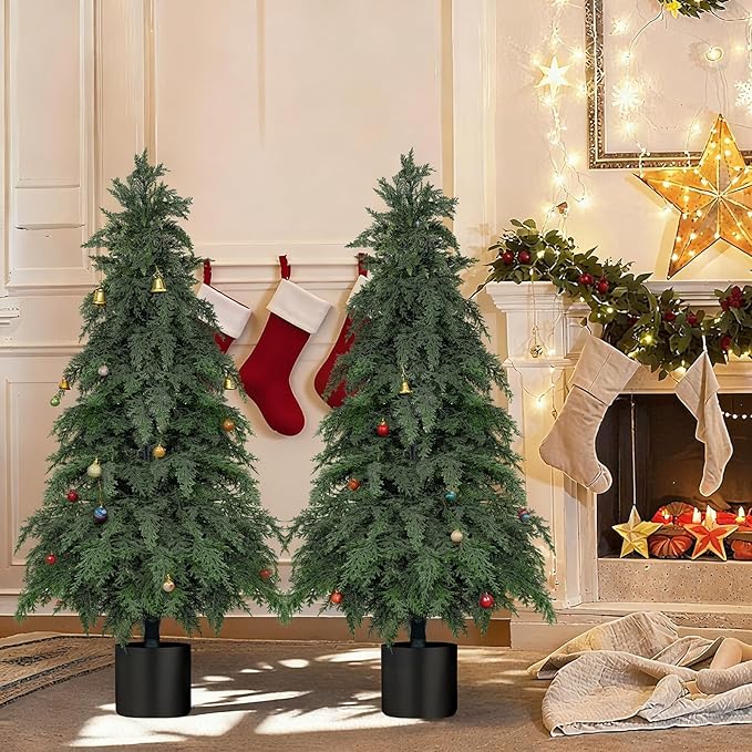 4FT Artificial Topiary Tree with Pot, 2 Pack Fake Evergreen Tree for Porch, Artificial Plants for Outdoor Christmas Home Garden Decor