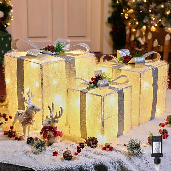 Set of 3 Christmas Decorations Lighted Gift Boxes, 12in 10in 8in with 60 Pre-Lit Mini String Lights，Foldable LED Xmas Gift Boxes with Bows for Tree Indoor Outdoor Holiday Party Yard Home Decor