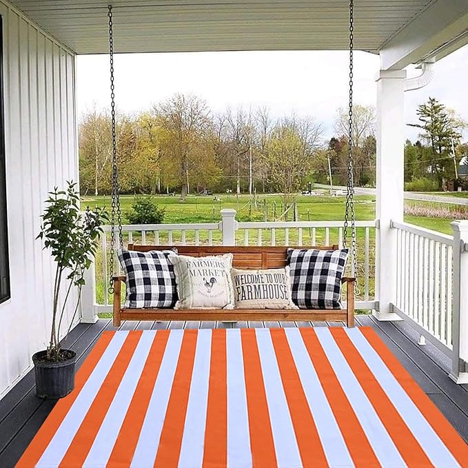 CAINANEL Fall Outdoor Rug Orange and White Striepd Rug Front Door Mat Halloween Thanksgiving Fall Autumn Home Decor, Layerd Welcome Doormat for Front Porch Decor, Front Door, Farmhouse Decor