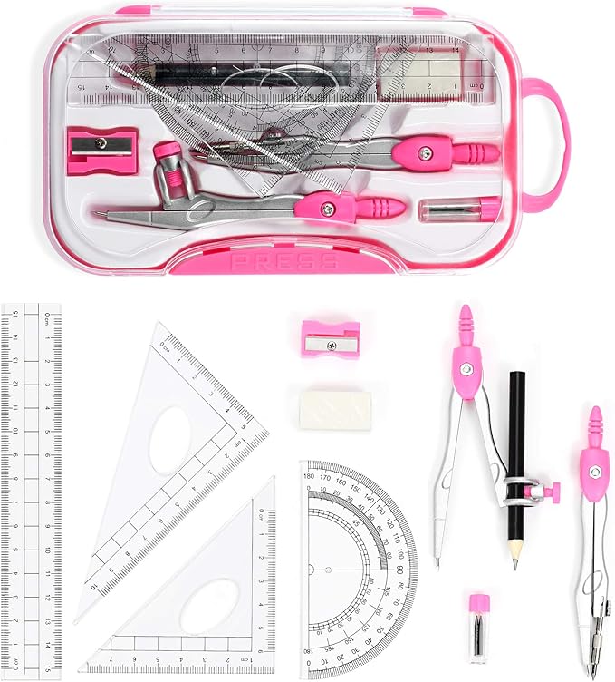 Math Geometry Kit Sets 10 Piece Student Supplies with Shatterproof Storage Box,Includes Rulers,Protractor,Compass,Eraser,Pencil Sharpener,Lead Refills,Pencil,for Drafting and Drawings（Pink）