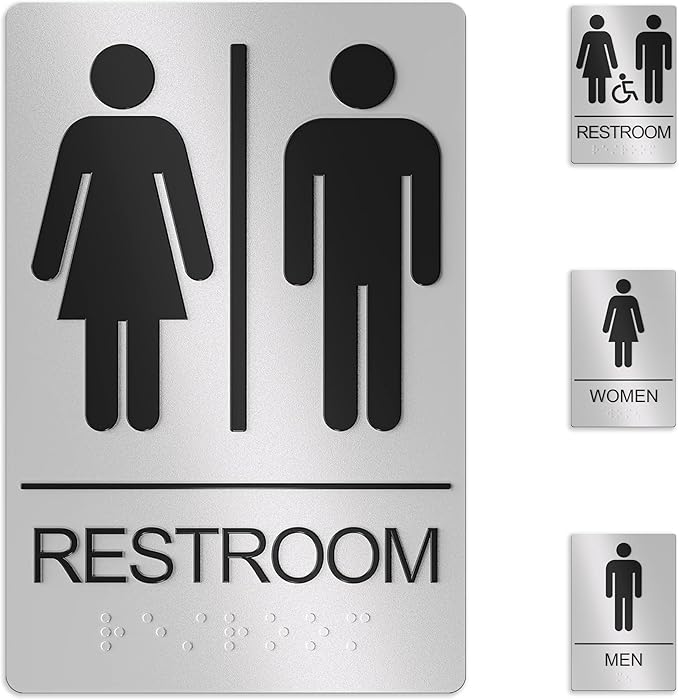 Unisex Bathroom Signs, Restroom Sign For Business - For Men and Women - 9" by 6" - ADA Compliant with Braille - Strong Double-Sided Adhesives Included - Apply to Office, Home, Public Door/Wall