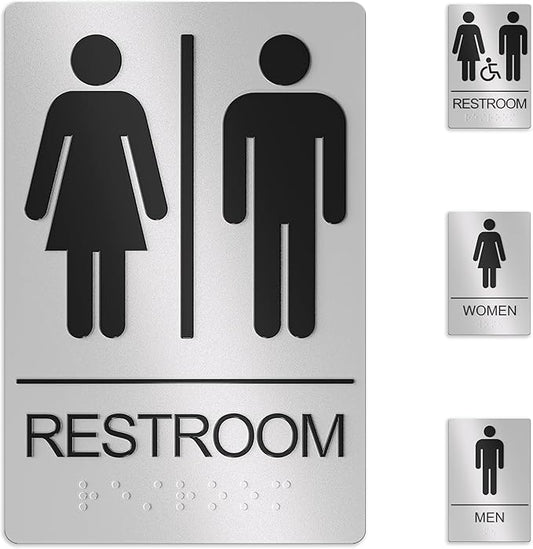 Unisex Bathroom Signs, Restroom Sign For Business - For Men and Women - 9" by 6" - ADA Compliant with Braille - Strong Double-Sided Adhesives Included - Apply to Office, Home, Public Door/Wall