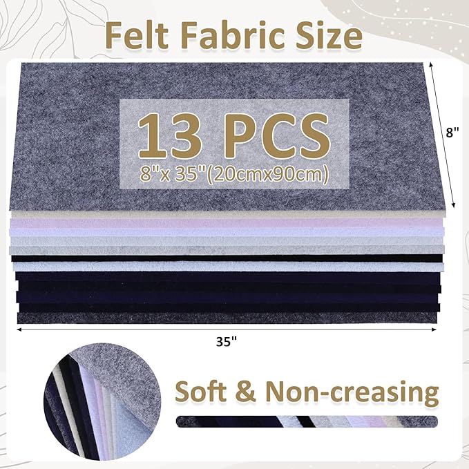 XSEINO 13 Rolls 8"x35" 1.4mm Thick Soft Felt Fabric Sheet 13 Assorted Black White Series Colors Felt Pack Pastel Felt Sheets for DIY Craft Sewing Squares Nonwoven Patchwork