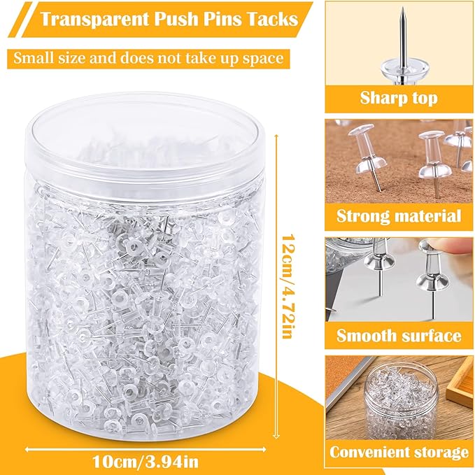 1000 Count Push Pins Tacks, Thumb Tacks with Clear Plastic Head and Steel Point for Wall, Clear Push Pins for Bulletin Board, Wall Hanging, Cork Board, Calendar, Photo, Home, Office, Craft Projects