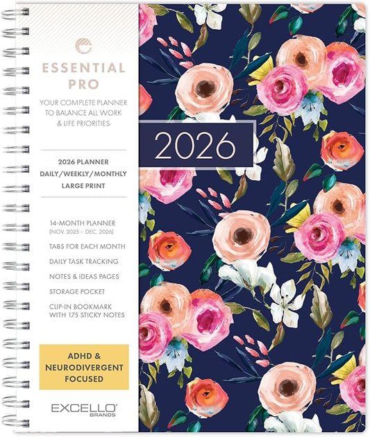 Essential PRO 2026 Daily, Weekly & Monthly Planner, 8.5"x11": 14 Months (Nov 2025 - Dec 2026) Monthly Tabs,Daily Tracking,Notes Pages,Storage Pocket,Bookmark w Sticky Notes (Small Navy Floral)