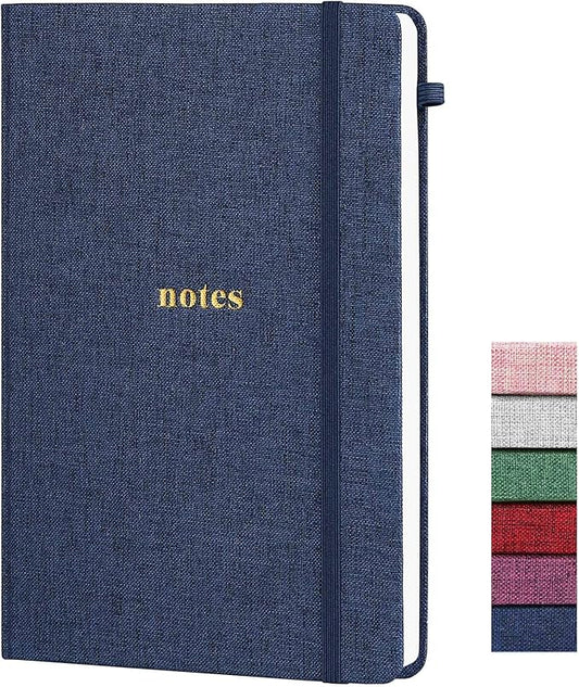A5 Lined Journal Notebook – Hardcover Fabric Cover 160 Pages 100 GSM Thick Paper With Elastic Band & Pen Holder College Ruled Writing Notebooks for Work School Travel Dark Blue