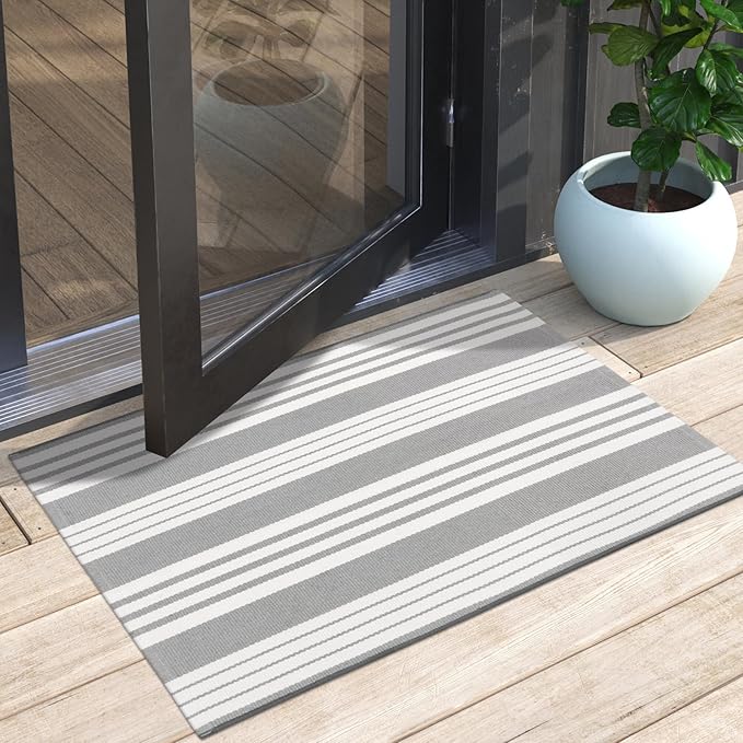 OJIA Christmas Front Door Mat Outdoor 24"x35" Front Door Rug Gray and White Striped Outdoor Rugs Washable Entry Rug Indoor Door Mats Cotton Woven Small Area Rugs for Entrance/Porch/Kitchen/Entryway