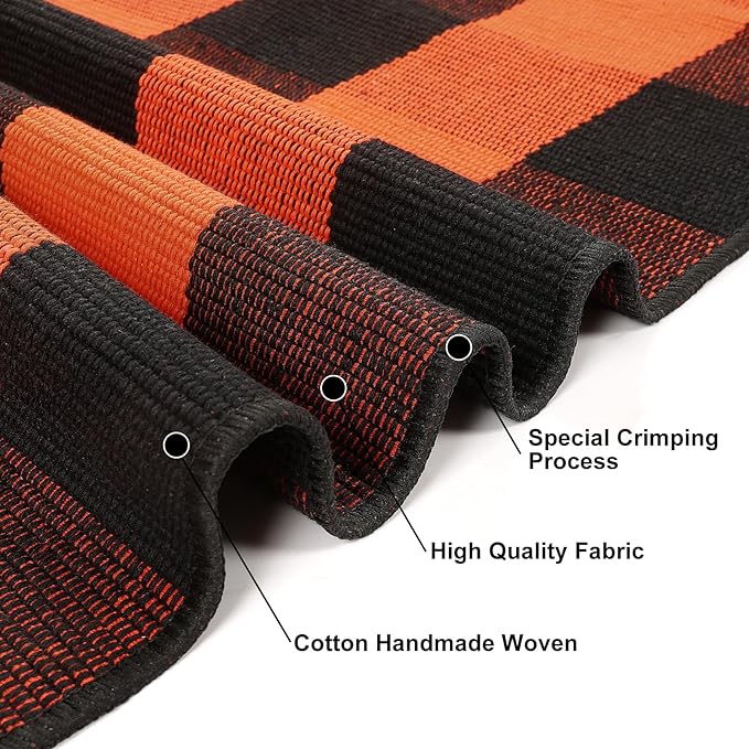 KIMODE Fall Outdoor Rug Buffalo Plaid Orange and Black 3'x5',Washable Cotton Halloween Door Mat,Reversible Fall Front Porch Rug Decor,Checkered Layering Rugs for Entryway,Front Door