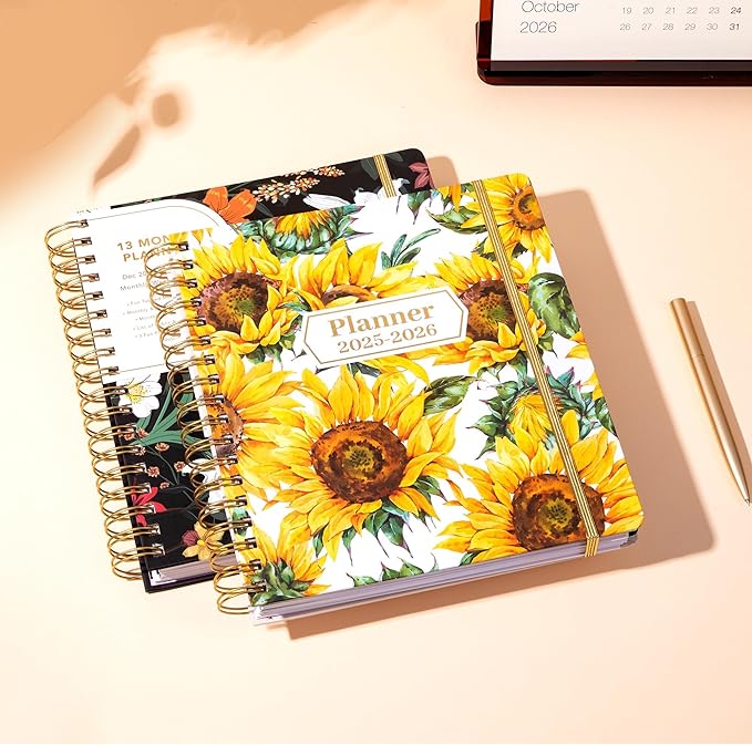 CAGIE 2026 Planner Weekly and Monthly from Dec 2025 to Dec 2026 Hardcover Spiral Bound Calendar Yearly Agenda Planners for Women with Stickers, 8.3 x 9.1, Yellow Sunflower
