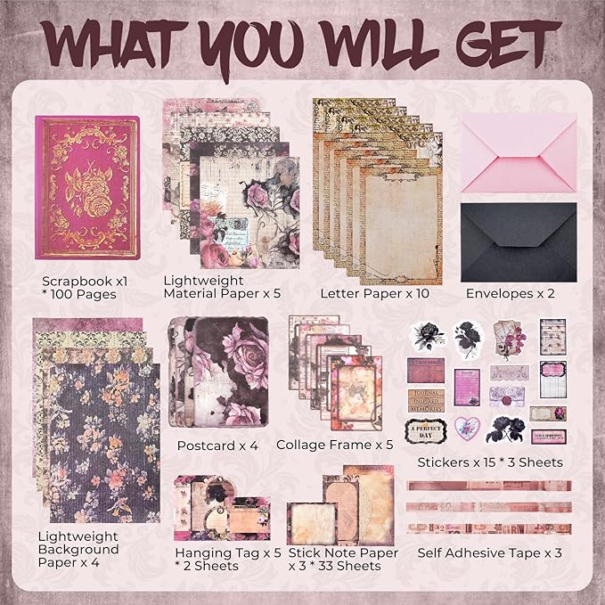 Funto Scrapbooking Kit (185 PCS), Medieval Chapter- Rose Garden, Perfect for Bullet Scrapbooking Materials, Planner DIY Craft Collage