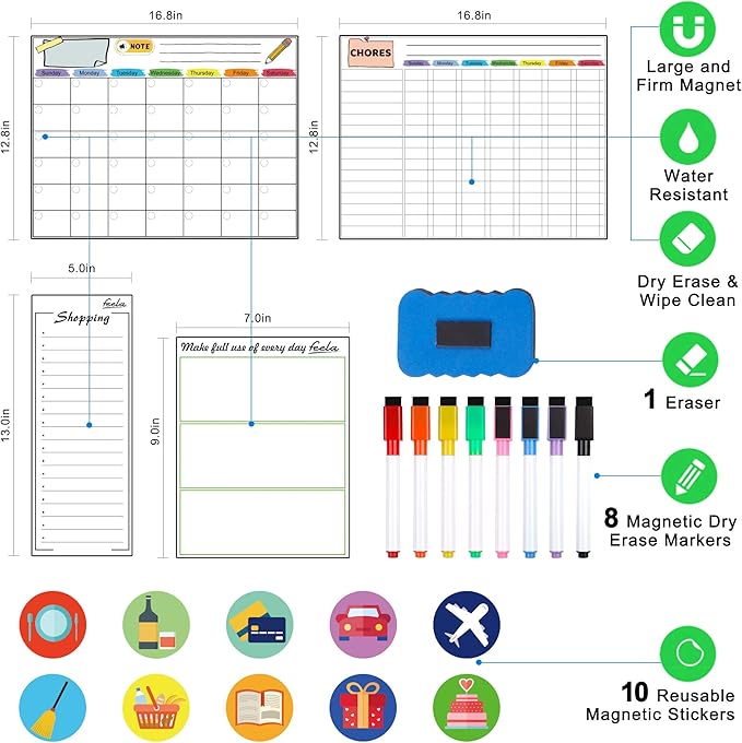 Magnetic Dry Erase 2025 Calendar Kit, 4 Pack Feela Magnetic Whiteboard Calendar for Refrigerator Includes 2 Large 17''x13'' Monthly Chalkboard 1 Grocery List 1 DIY Note for Home Office