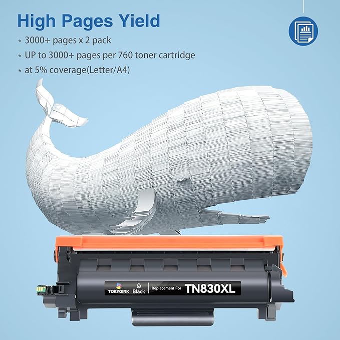 Compatible TN830XL Toner Replacement for Brother TN830XL TN830 XL Toner use with HL-L2460DW HL-L2405W HL-L2480DW HL-L2400D MFC-L2820DW MFC-L2820DW XL DCP-L2640DW Printer (2 Pack Black)
