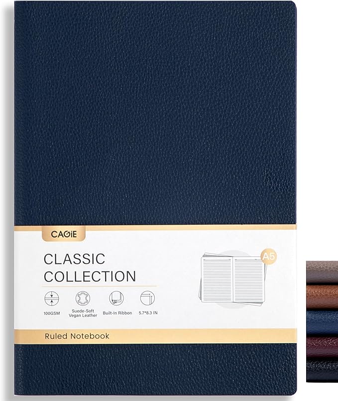 CAGIE Lined Journal Notebook for Men & Women,176 Pages A5 Medium Size Softcover Leather Journals for Writing,Travel,Business,Work & School, 100 GSM Thick Paper (5.7'' x 8.3'') (Navy Blue)