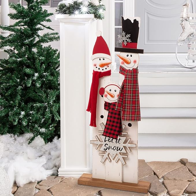Glitzhome 35.43" H Wooden Snowman Family Porch Decor Merry Christmas Home Indoor Outdoor Porch Wall Christmas Decoration