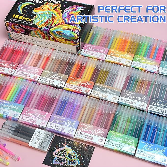 168 Colors Gel Pens, 0.6 mm Fine Tip Gel Pens for Adult Coloring Book—Portable Case gel pens Colored for Coloring,Journaling, Drawing,Painting & DIY Crafts. Non-Toxic,Smooth,Water-Based