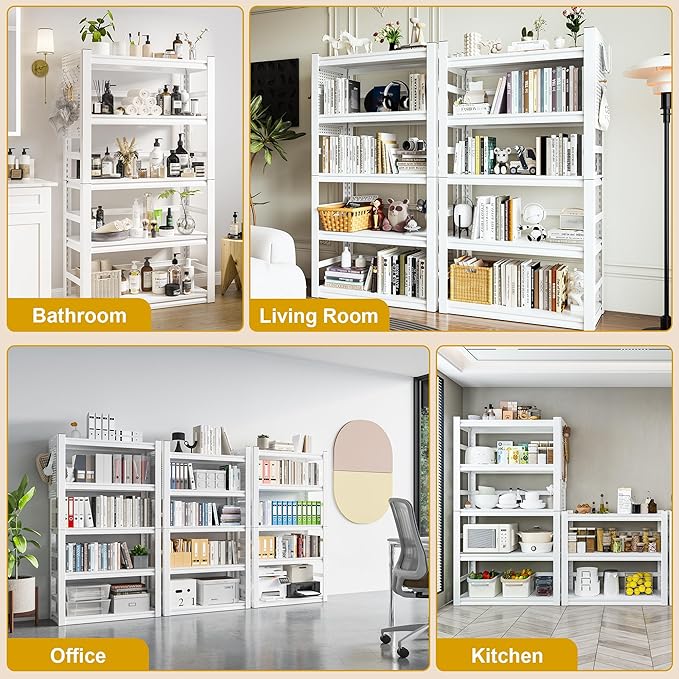Bookshelves and Bookcases, 5 Tier Metal Bookshelf, 63" Tall Bookcase, Adjustable White Book Shelf, Heavy Duty Storage Shelves for Bedroom, Living Room, Home Office, School, Bathroom and Kitchen