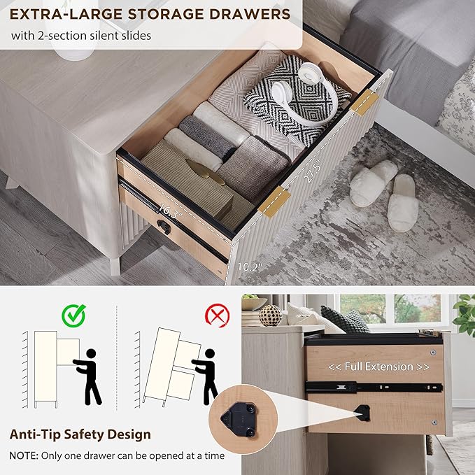 T4TREAM 2 Drawer File Cabinet, 31.8" W Fluted Lateral File Cabinet w/Files Hanging Rod for Letter/Legal/A4, Large Tabletop for Printer, Office Wood Printer Cabinets, Alder White (Gen 2)