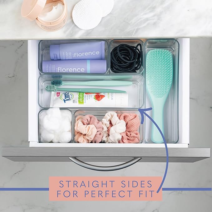 Six Pieces. Plastic Clear Drawer Organizers for Bathroom, Kitchen, Bedroom, Office. Organizer Bins, Storage Trays. Heavy Duty, Stackable, Non-Slip. 3 Sizes