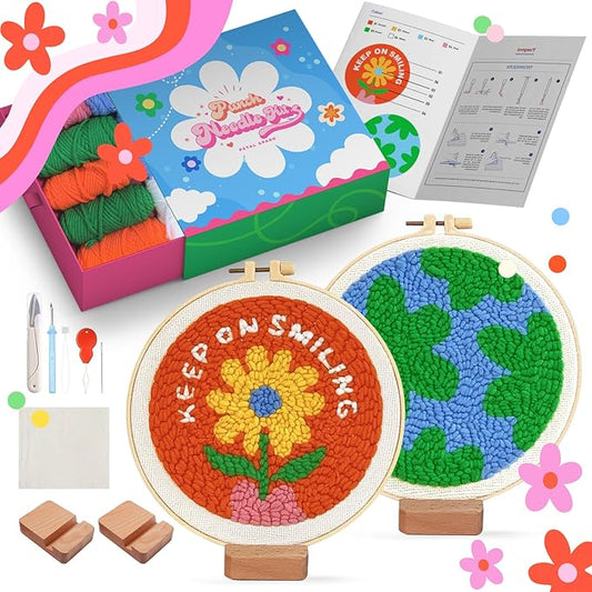 yuegool 2PCS Punch Needle Decoration Kit,Easy DIY Punch Needle Embroidery Kit for Beginners Adults Kids Including Patterns, Tools, Yarns, Hoop, Instruction, Bracket Art Craft Supplies