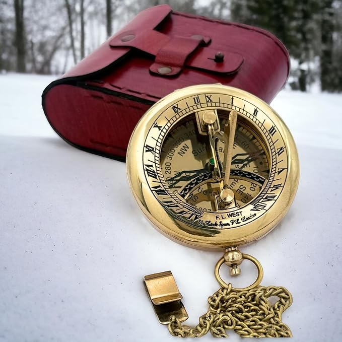 Brass Sundial Compass with Leather Case - Compass Gift for Men - Anniversary Sundial Compass Gift for Him or Her–Antique Brass & Copper-Sundial Clock in Box Gift