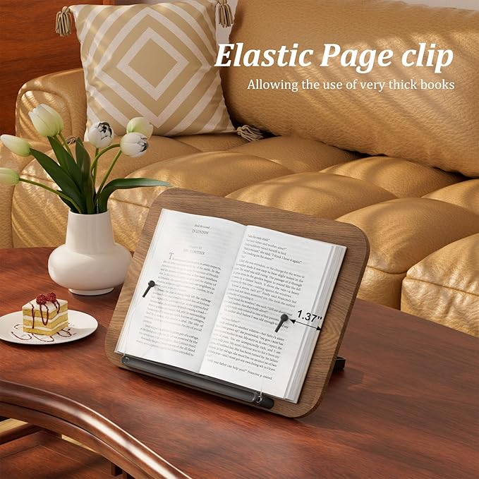 Book Stand for Reading, JaoNanl Adjustable Book Display Stand, Foldable Cookbook Stand with Elastic Page Clips, Multifunctional Display Stand for Office, Music Scores, Recipe, Tablet, Laptop