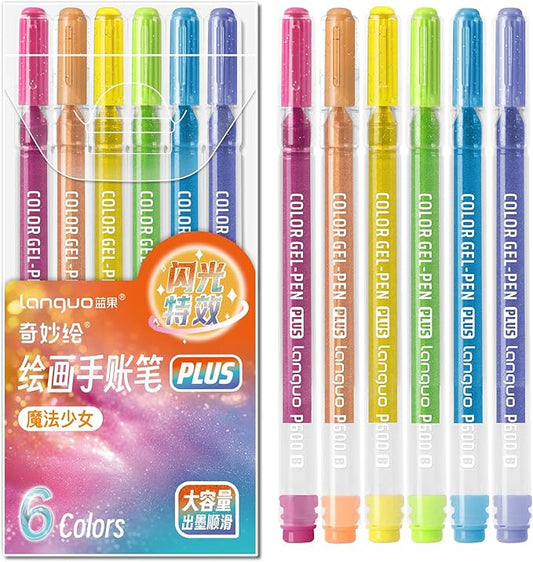 Glitter Gel Pens, 6 Pack Colored Pens for Black Paper & White Paper, 1.0mm Point Pens, Large Capacity Ink Pens for Coloring, Writing, Drawing, Journaling, Note Taking, School, Office, Home