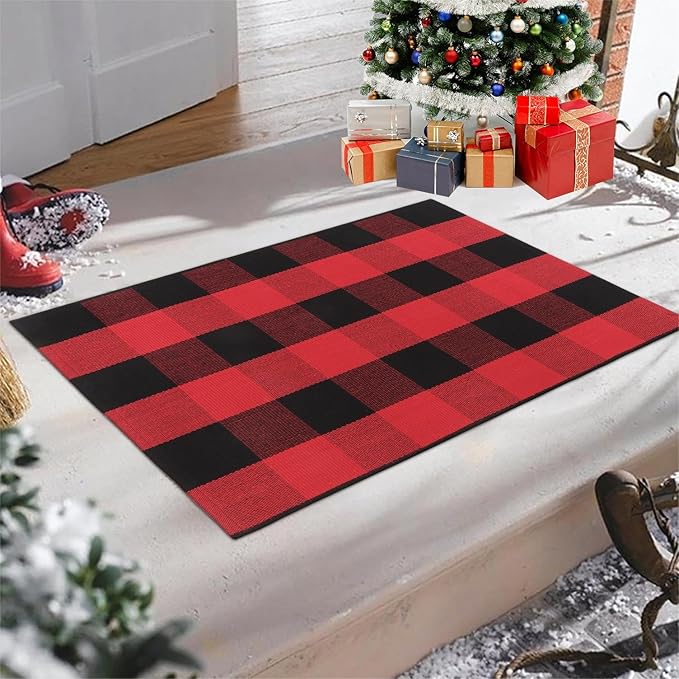 KIMODE Buffalo Plaid Outdoor Rug Red and Black 24"X35",Washable Christmas Front Door Mat,Reversible Cotton Hand-Woven Layering Rug for Front Porch Christmas Decor,Entryway,Kitchen