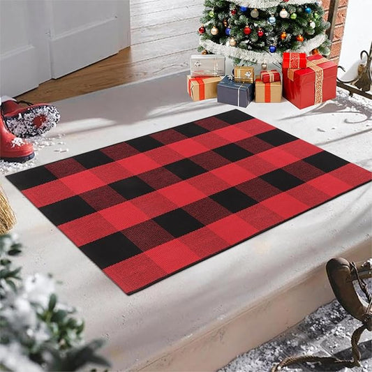 KIMODE Buffalo Plaid Outdoor Rug Red and Black 24"X35",Washable Christmas Front Door Mat,Reversible Cotton Hand-Woven Layering Rug for Front Porch Christmas Decor,Entryway,Kitchen