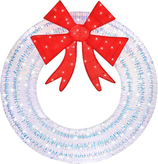Hykolity 48 in. 3D Lighted Outdoor Iridescent Christmas Wreath with Red Bow, 140 LED Lights Christmas Wreath for Holiday, Garden, Porch Decoration