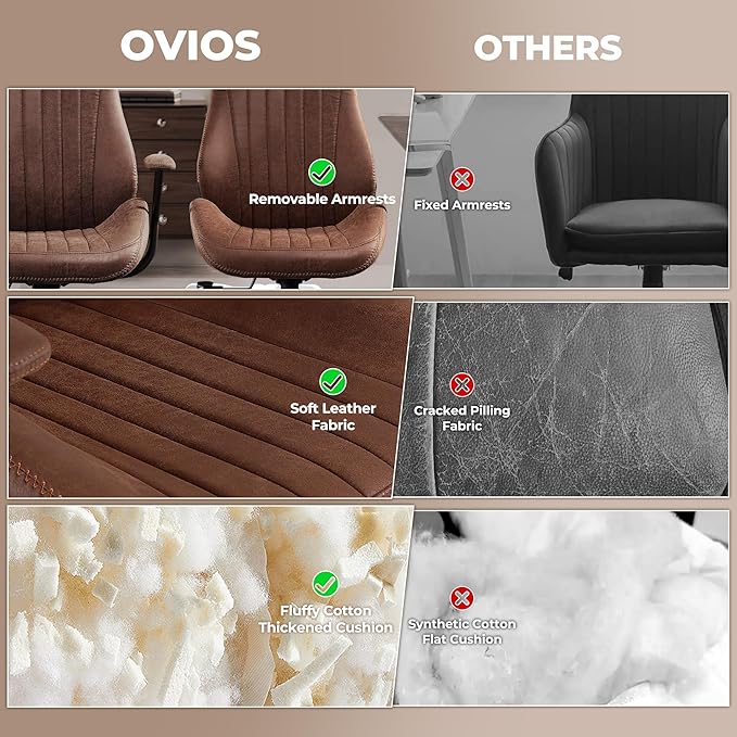 ovios Ergonomic Home Office Chair, Mid-Century Modern Faux Leather Chairs with Padded Armrests, Comfy High Back Swivel Rolling Executive Computer Armchair (Dark Brown, Suede Leather)