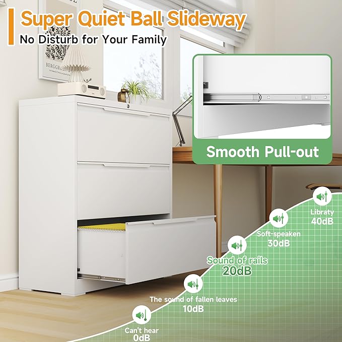 3 Drawer Lateral File Cabinets with Lock,Metal Filing Cabinet for Home Office,Wide Office Storage Cabinet with Hanging Bars for A4 Legal/Letter Size(White-Easy Assembly)