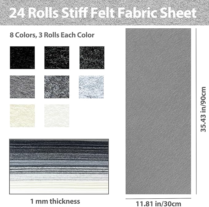 24 Pcs 11.8 x 35.4 Inch Wool Blend Felt Sheets for Crafts, 8 Color 1mm Thickness Black White Assorted Stiff Felt Rectangle Bulk for Sewing Patchwork School DIY Projects Decoration