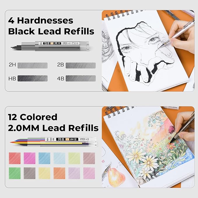 Nicpro 6 PCS Art Mechanical Pencils Set with Case, Drafting Pencil 0.5 & 0.7 & 0.9 mm and 3PCS 2mm Lead Holder (4B 2B HB 2H Colors) For Art Writing, Sketching Drawing,With Lead Refills Erasers