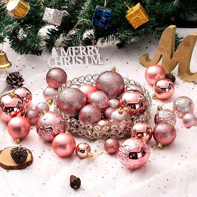 Senjie Rose Gold Shatterproof Christmas Ornaments, 32 Pcs, Plastic, Hanging, Christmas, Wedding